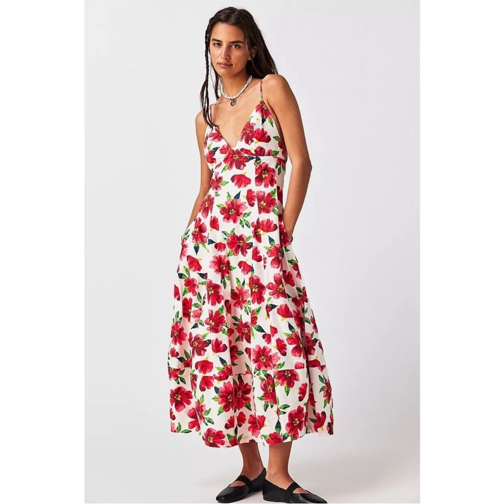 Free People White Floral Slip Midi Dress with Red & Green Print